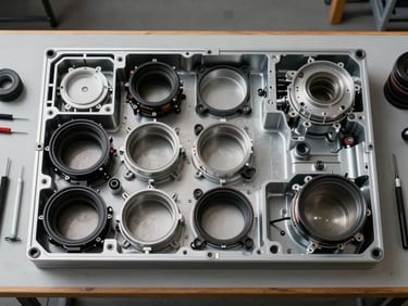 Overhead layout of Bosch appliance internal components arranged in order on a clean workbench, even daylight, precision tools alongside