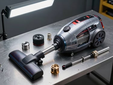 Vacuum cleaner motor unit disassembled on gray steel surface, small components arranged in order, overhead diagnostic lighting
