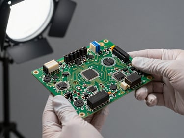 Air conditioning unit circuit board held in gloved hands, close-up view under bright studio light, components clearly visible, gray background