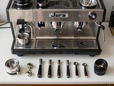 Overhead workbench view of a Jura automatic espresso machine opened, internal brewing unit components laid out in diagnostic sequence, bright even light