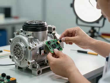 Technician hands examining a Toshiba refrigerator compressor unit on a workbench, bright studio light, circuit board visible