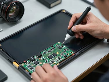 Flat-screen television panel removed from housing on workbench, circuit board visible, technician's hands holding diagnostic probe, even white light