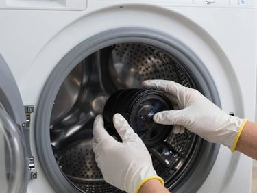 Close-up of a Samsung washing machine drum and control panel being inspected by gloved hands, studio lighting, diagnostic clarity