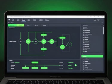 Straight-on clean screen capture of a technical software dashboard with data flow diagrams, cool ambient studio lighting, dark slate and neon green accents, macro lens, 35mm