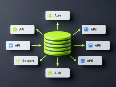 Clean overhead data flow diagram showing database events mapping to API payloads, cool ambient studio lighting, dark slate and neon accents, macro lens