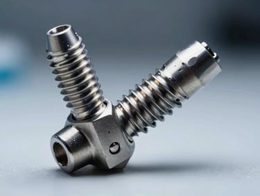 High-magnification close-up of a titanium dental implant model under cool clinical lighting, showcasing micro-surgical precision, clean sterile background.