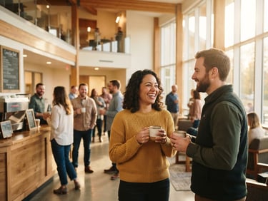 Warm environmental photograph of a modern church lobby at golden hour, people holding ceramic coffee cups, smiling and chatting in a bright inviting space, shallow depth of field.