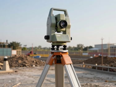 Wide-angle shot of a total station surveying instrument on a tripod at a construction site under morning daylight, site terrain visible in background