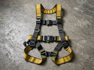 Full-body safety harness laid flat on a concrete floor under clinical studio lighting, buckles and straps clearly visible, no people present