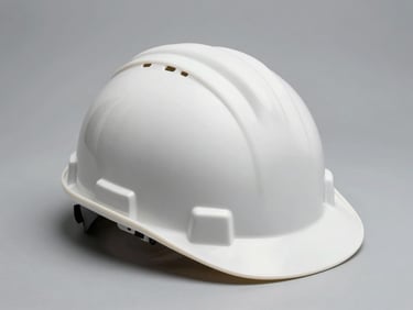 Close technical shot of a white industrial hard hat on a clean light gray surface, studio lighting from above, no text or markings visible