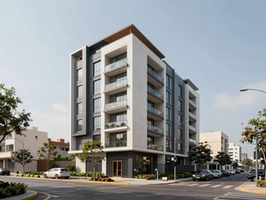 Wide shot of a completed residential and commercial real estate development in Lima, modern facade, midday daylight, no people, clean urban environment