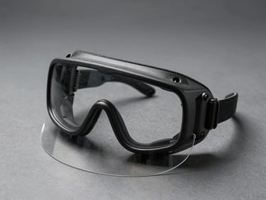Industrial safety goggles and face shield resting on a matte gray work surface, overhead studio lighting, precise detail on lens and frame
