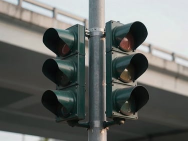 Close detail of a traffic light controller unit mounted on an urban pole, daytime overhead light, urban road infrastructure visible in background