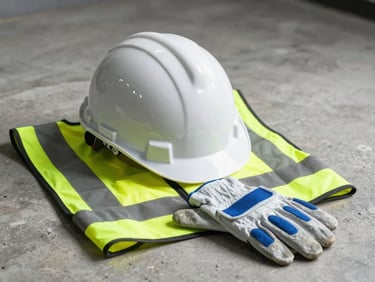 Close technical shot of industrial hard hat, safety vest, and protective gloves arranged on a concrete surface under clinical studio lighting, equipment clearly visible