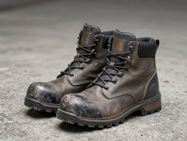 Pair of steel-toe industrial safety boots on a gray concrete surface, side profile, clinical overhead lighting, no people