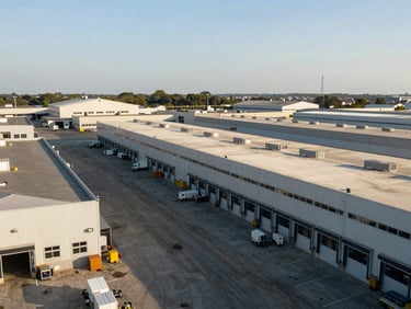 Wide environmental shot of an industrial warehouse complex with loading docks and equipment, afternoon natural light, no people, logistics and scale visible