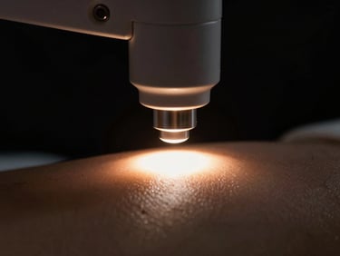 Modern aesthetic machinery probe emitting quiet light on skin, close-up macro shot, dramatic lighting, deep black backdrop