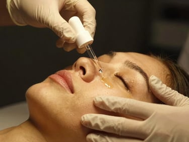 Close-up of clinical cosmetology treatment, precise gloved hand applying serum to skin under warm gold light, dark background, 35mm