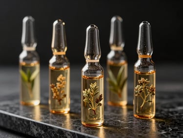 Botanical herbal extractions in glass vials on a dark marble counter, soft gold highlights, sharp focus