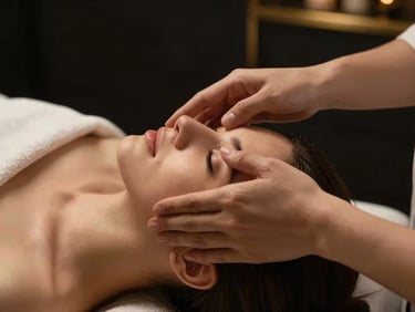 Close-up of hands performing a clinical facial massage under warm low-key lighting, professional luxury spa environment