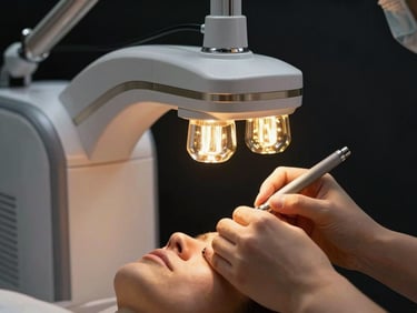 Modern aesthetic cosmetology machine with gold lights, close-up hands of a professional treating a patient, editorial clinical photography