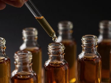 Botanical herbal extractions in glass pipettes, dark amber liquids, low-key lighting, gold accents, sharp focus, 35mm