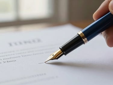 Close-up of a fountain pen signing a will on high-quality paper, soft side-lit window light, deep navy and muted gold tones, shallow depth of field, 35mm