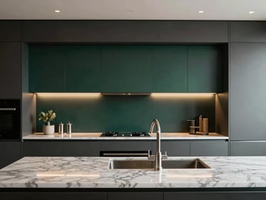 High-end kitchen with marble countertops, polished steel fixtures, minimalist cabinetry, warm diffused lighting