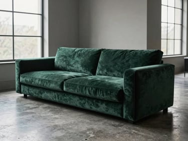 Minimalist luxury living room with deep emerald velvet sofa, polished concrete floors, large windows, soft natural daylight