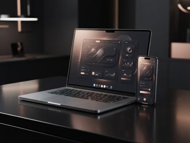 A laptop and smartphone displaying a dark mode user interface design on a sleek office desk.