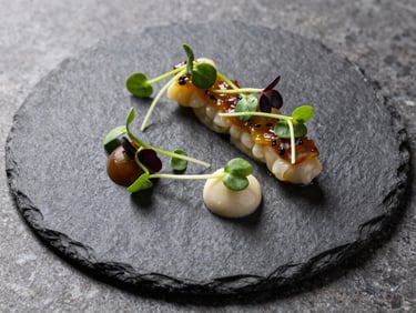 Modern fine dining dish in San Sebastian, intricate micro-greens, artistic plating on a dark slate plate