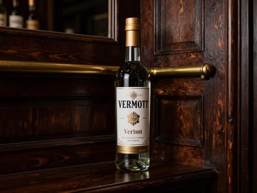 A dark, moody corner of a historic Madrid vermouth bar, dark wood paneling, warm brass accents, soft lighting