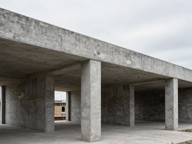 Crisp architectural photography of a commercial space under construction, showing precise joinery and exposed concrete, natural overcast daylight, sharp focus.