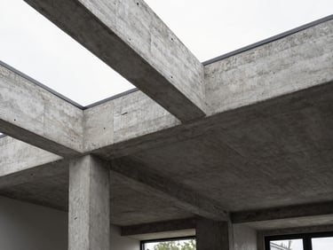 Crisp architectural photography of a modern residential interior with exposed structural beams, raw concrete, natural overcast daylight, sharp focus.