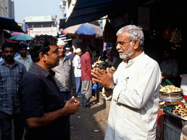 A reporter interviewing a local merchant in a bustling traditional Indian market, natural daylight, high-contrast action shot.