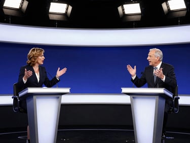 A dramatic high-contrast shot of a political debate panel under harsh studio lighting, two politicians gesturing actively, 35mm photojournalism.