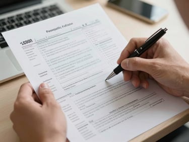 Close-up of hands holding a printed tax document, a pen marking a line on the page, desk surface visible below, clean fluorescent office light, no faces, warm neutral tones