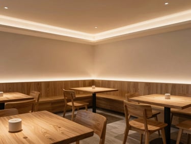 Wide architectural elevation of a cozy minimalist restaurant interior, warm low-temperature light glowing from hidden ceiling coves, clean oak tables, no people