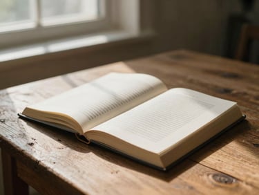 An open book on a rustic wooden table with soft window light casting long shadows, warm editorial style, shallow depth of field