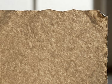 Close-up of textured handmade paper with organic deckled edges, warm low-contrast shadows, 35mm photography