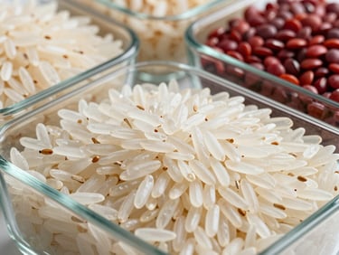 Macro shot of polished, uniform basmati rice grains and red lentils in clean laboratory-style glass containers, bright daylight