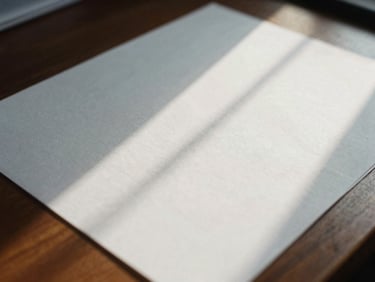 Close-up of high-quality paper documents on a dark wooden desk, soft natural window light casting elegant geometric shadows, 35mm