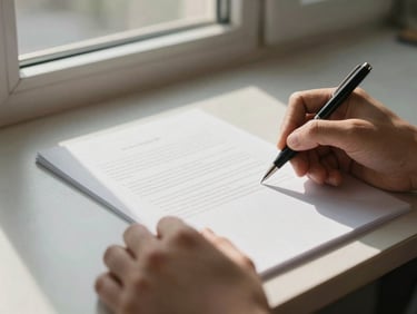 Close-up of hands signing documents on a heavy paper under soft natural window light, elegant pen, shallow depth of field, 35mm