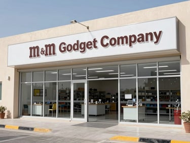 Wide environmental shot of the clean, organized M&M Gadget Company workshop exterior in Sharjah Industrial Area 11, bright natural daylight, clear signage, 35mm lens.