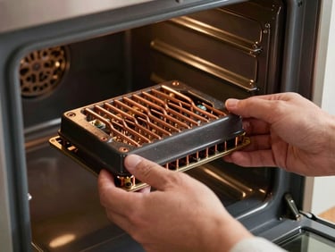 Close-up of a technician's hands lifting a faulty oven heating element from an open oven cavity, warm studio light on the dark ceramic interior and the copper-toned element terminals