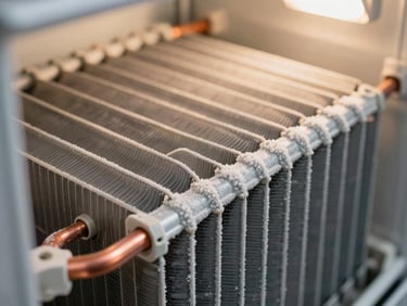 Close-up of refrigerator evaporator coils with frost buildup, copper tubing and aluminum fins under warm directional workshop light, macro framing showing coil texture