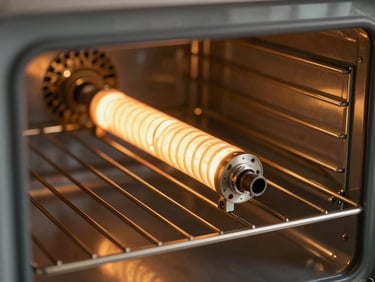 Inside of a domestic oven cavity, glowing heating element visible, rack rails and oven floor under warm directional light, close-up framing on the element coil and socket