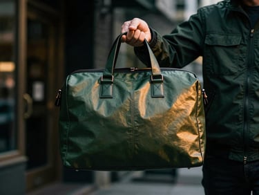 Professional courier hand-delivering a sleek, unbranded luxury bag in downtown Vancouver, moody side-lighting, dark tones.