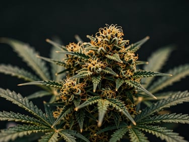 Tight crop of a dense, golden-hued cannabis flower, moody shadows, soft golden highlights, high-end editorial.