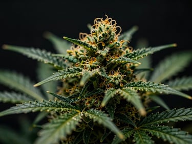 Macro close-up of a vibrant green cannabis bud with amber trichomes, low-key lighting, dark background, high-end editorial.